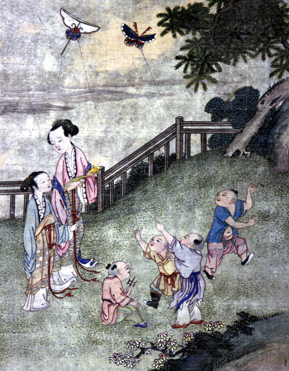 Uçurtma oynayan çocuklar, 19. yüzyılın ortaları (baskı) by Chinese School