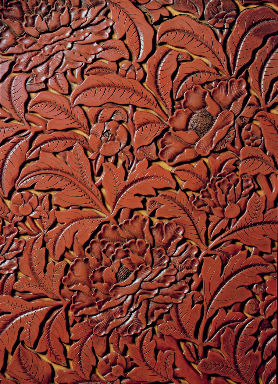 Tabanda Xuande (1426-36) işaretini taşıyan oymalı bir tabaktan detay, Çince (ahşap üzerine kırmızı cila) by Chinese School