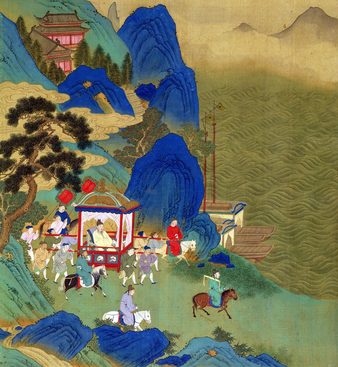 İmparator Chin Wang Ti (MÖ 221-206) bir tahtırevanla seyahat ediyor, Çin imparatorlarının tarihinden (ipek üzerine renkli) by Chinese School