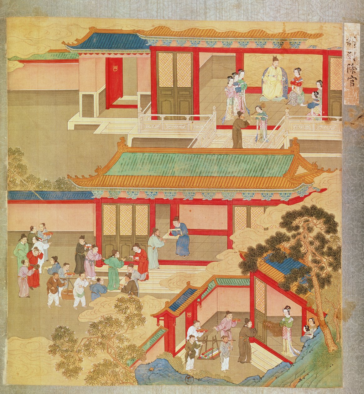 İmparator Hsuan Tsung (MS 712-756) evde, Çin imparatorlarının tarihinden (ipek üzerine renkli) by Chinese School