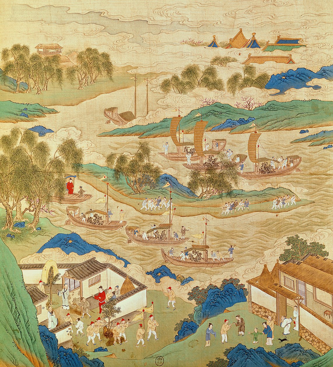 Emperor Hui Tsung (r.1100-26) transporting pierced stones and strange shaped trees, from a History of the Emperors of China (colour on silk) by Chinese School