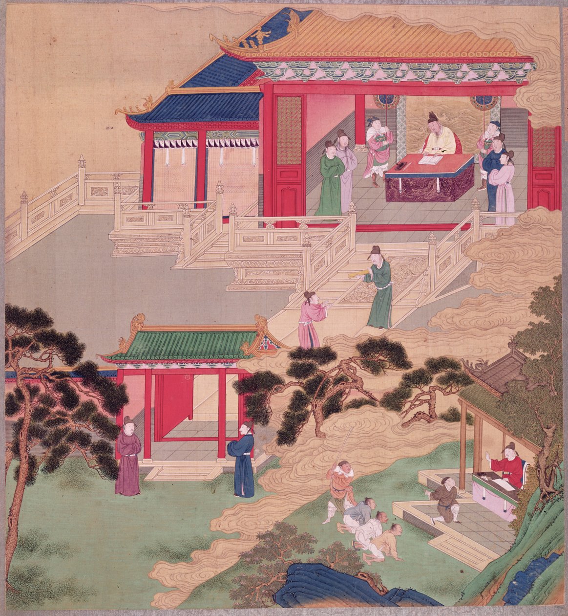 İmparator Tai Tsung (r.762-779), Çin imparatorlarının tarihinden bir tıbbi cilt okuyor (ipek üzerine renkli) by Chinese School