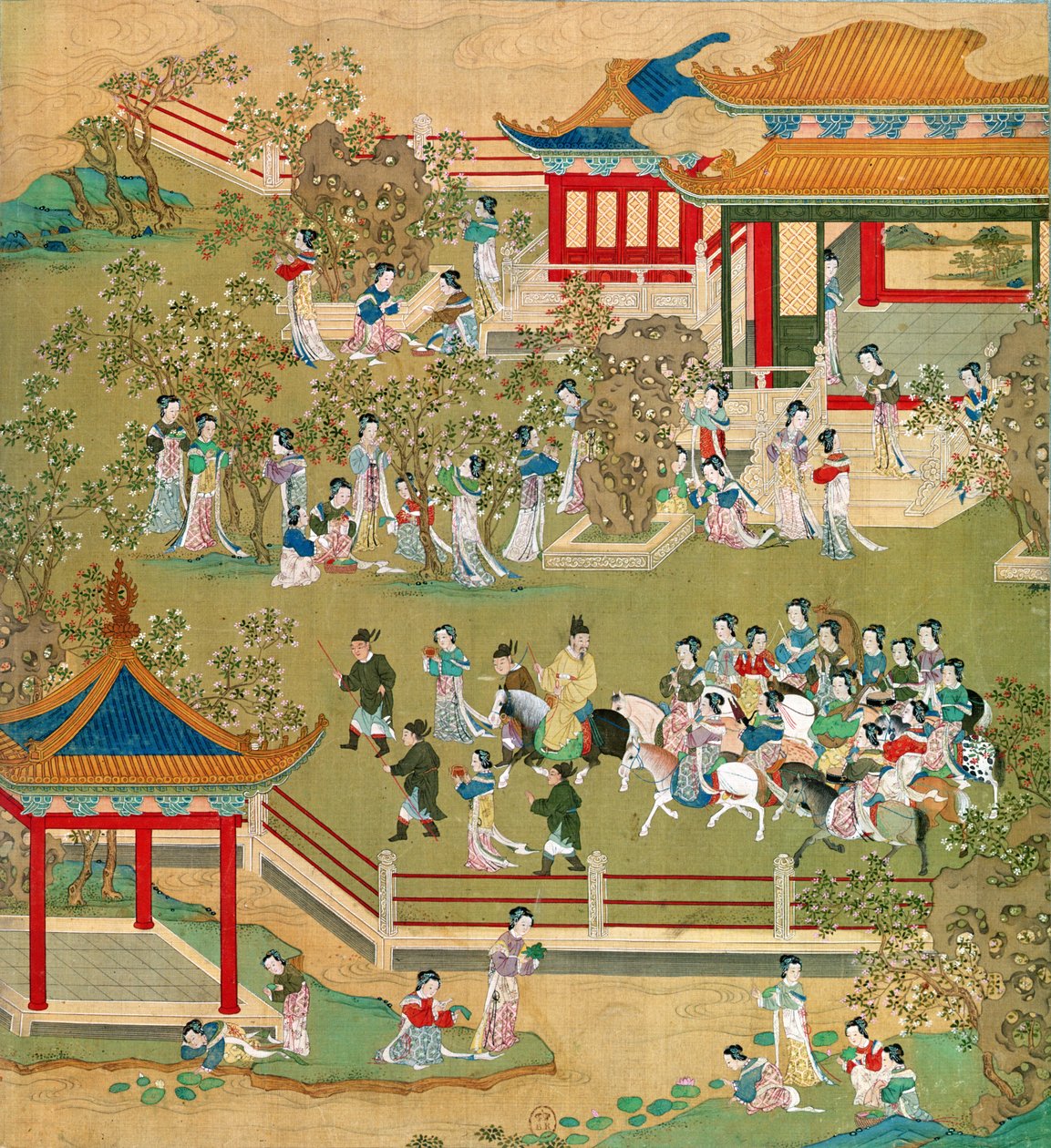 Çin imparatorlarının tarihinden (ipek üzerine renkli) (ayrıca bkz. 176855) İmparator Yang Ti (581-618) bahçelerinde karılarıyla geziyor. by Chinese School