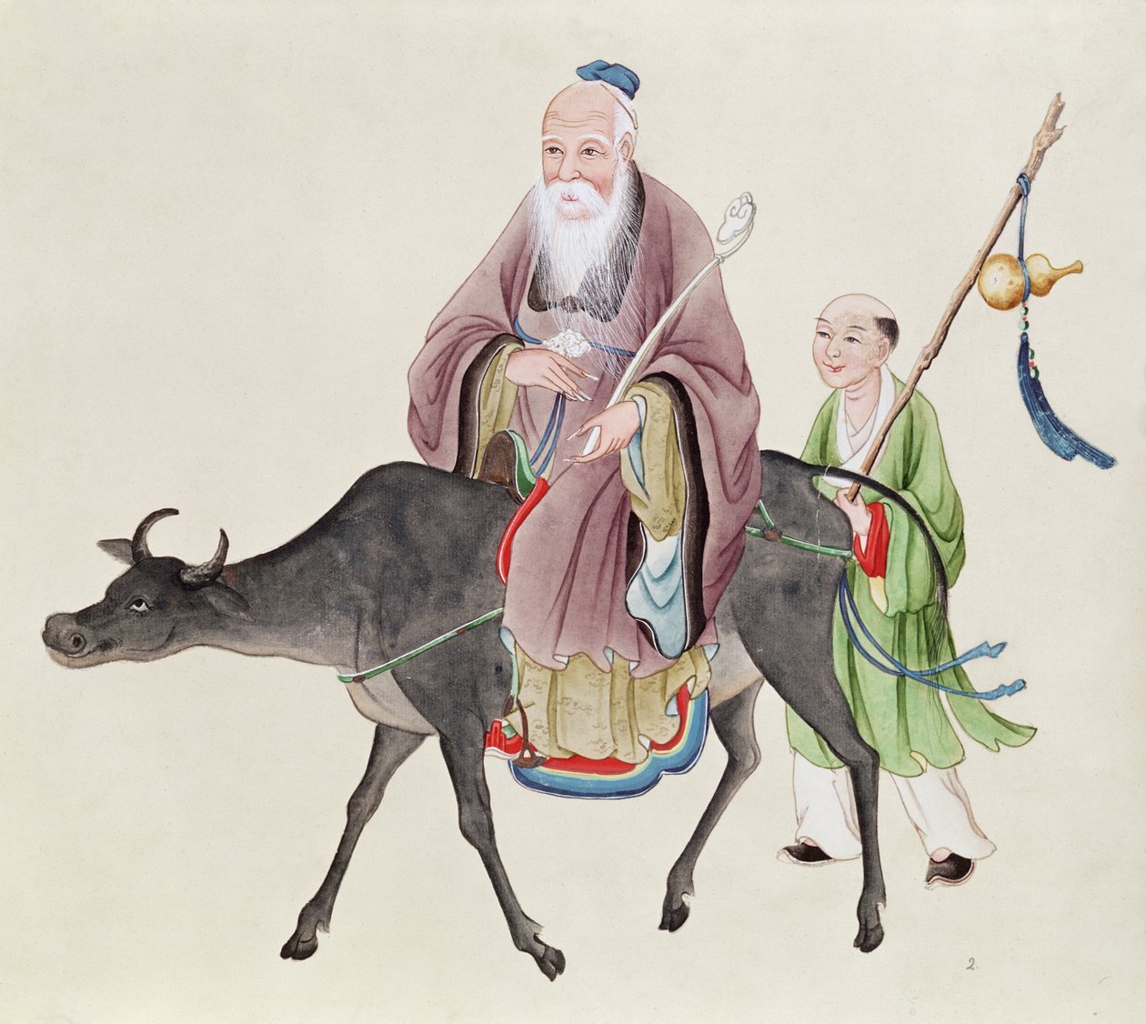 Lao-Tzu (c.604-531) mandasının üzerinde, ardından bir müridi (kağıt üzerinde wc) by Chinese School