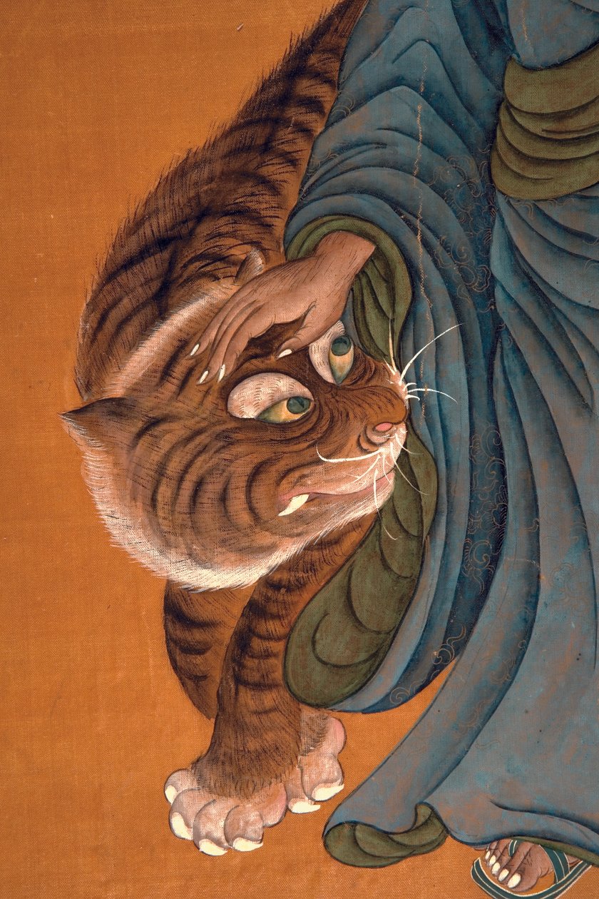 Lohan with Tiger, 18. yüzyılın sonlarından 19. yüzyılın başlarına kadar (ipek üzerine renkli) by Chinese School