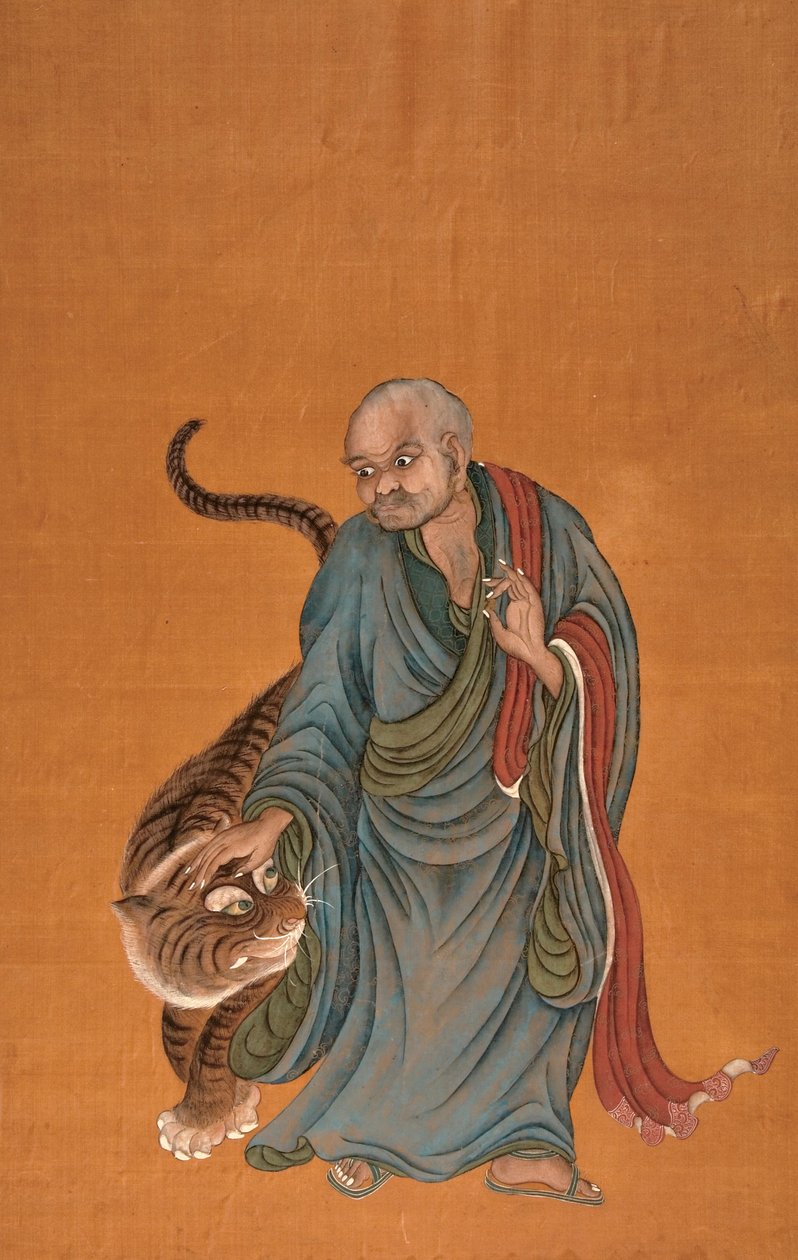 Lohan with Tiger, 18. yüzyılın sonlarından 19. yüzyılın başlarına kadar (ipek üzerine renkli) by Chinese School