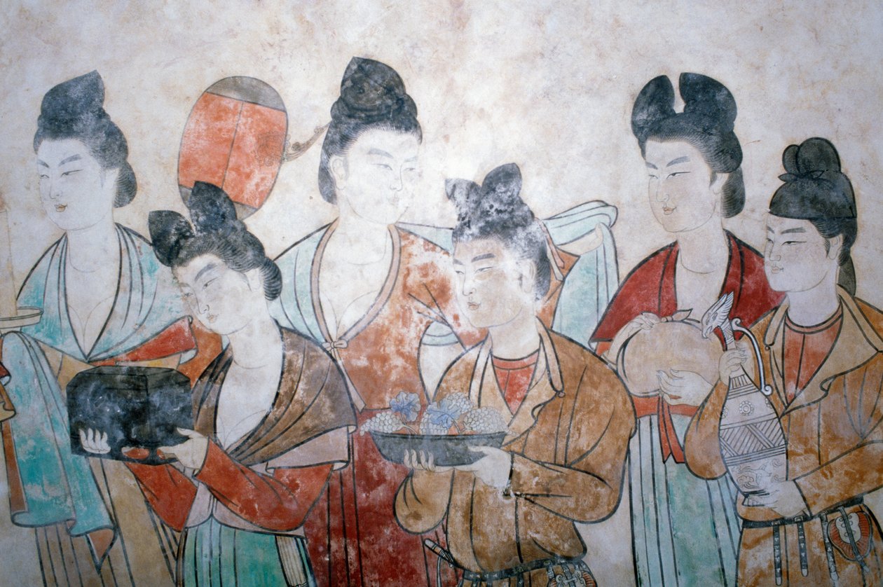 Hediye sunumu, Wu Tse Tien mezarından duvar resmi, Chien mezarları, Tang Hanedanlığı, Çin, Shan Xi, 8. yüzyıl by Chinese School