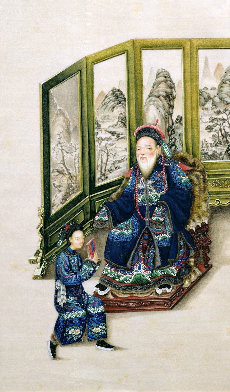 Hizmetçi Okuma ile Oturan Yaşlı Adam by Chinese School