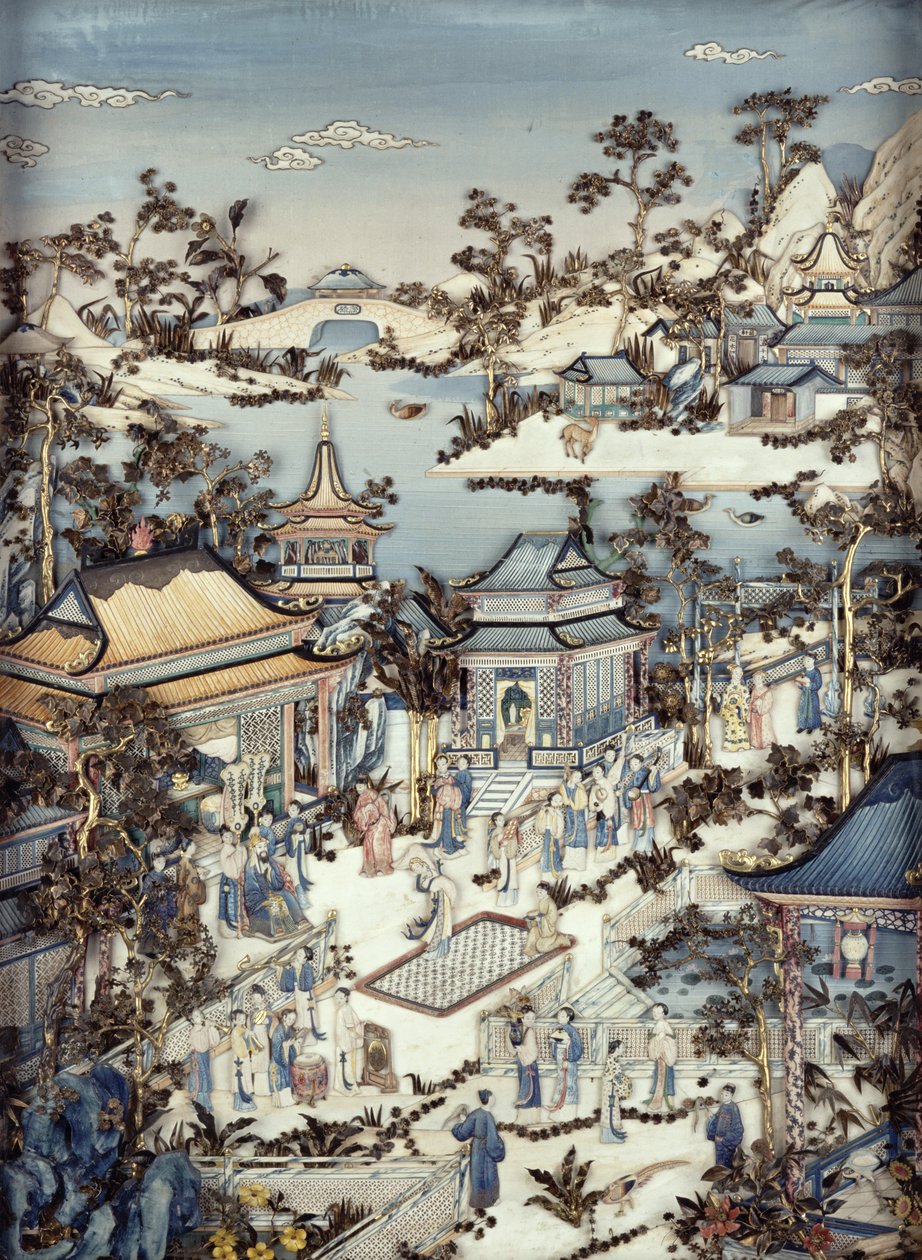 Bir kadın dansçıyı izleyen görevlilerle birlikte bir ileri gelenin tasvir edildiği panel, Qianlong dönemi, 1736-95 (çiftten biri) (polikrom fildişi) (bkz. 206572) by Chinese School
