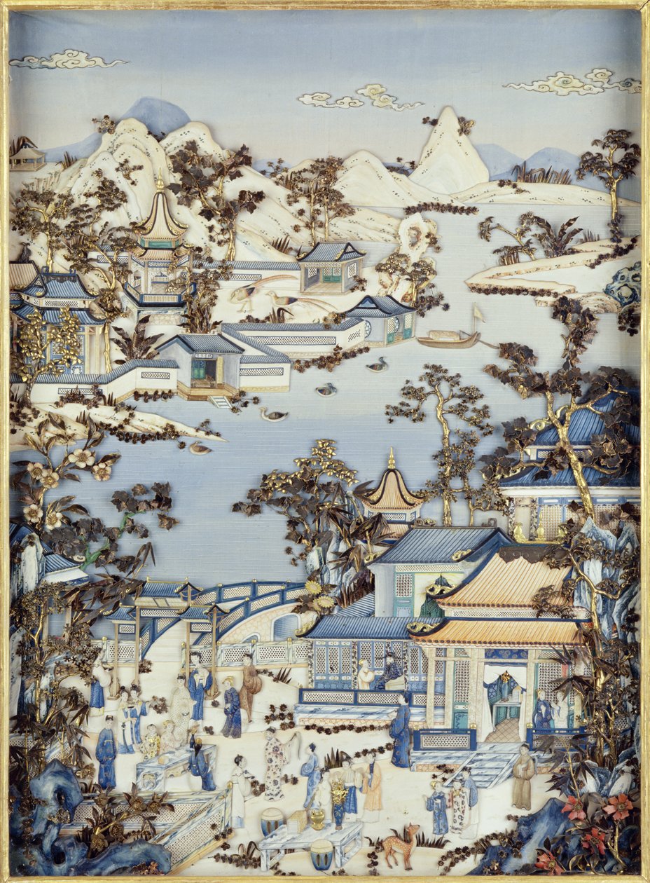Bir terasta figürleri gösteren paneller, Qianlong dönemi, 1736-95 (çok renkli fildişi) (bir çift) (bkz. 206571, 206573) by Chinese School
