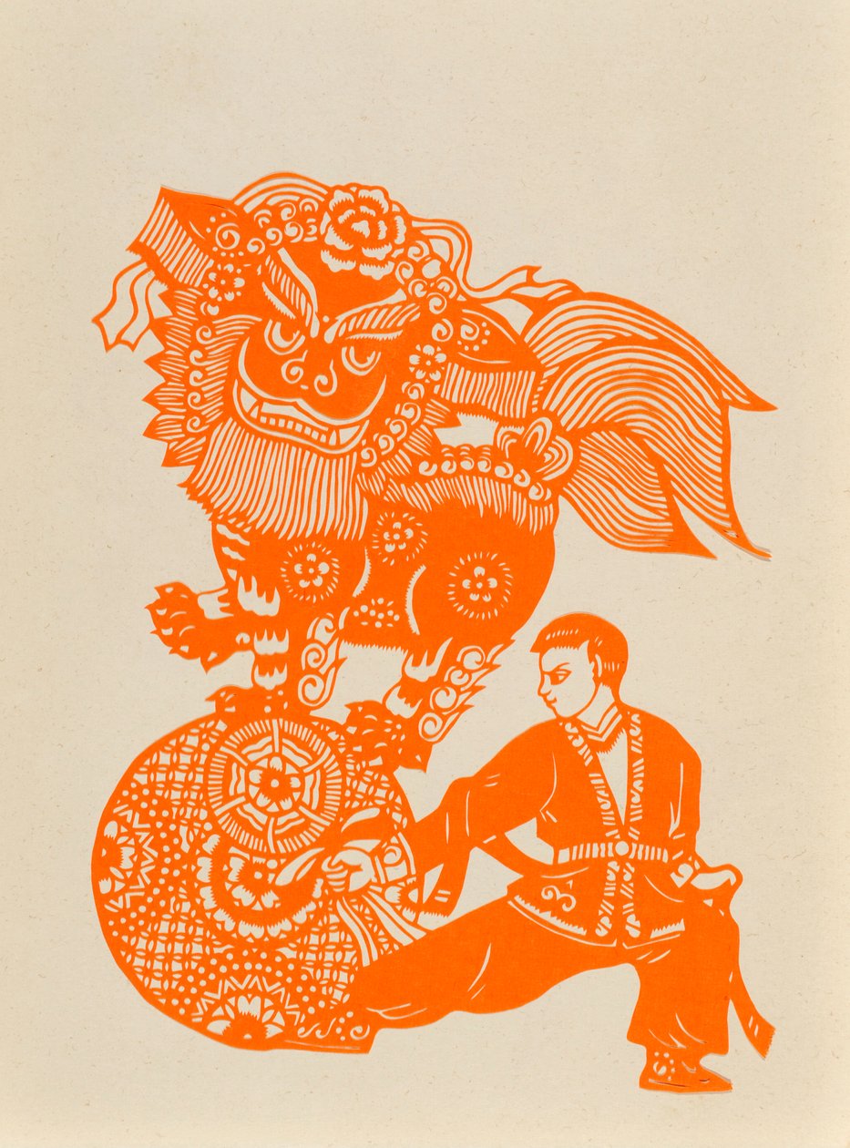 Aslan Dansını gösteren kağıt kesiği (kağıt kesiği) by Chinese School