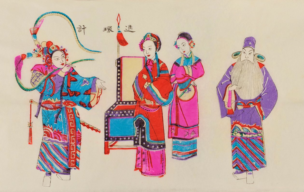 Bir Çin opera sahnesinin baskısı (kağıt üzerine renkli tahta blok) by Chinese School