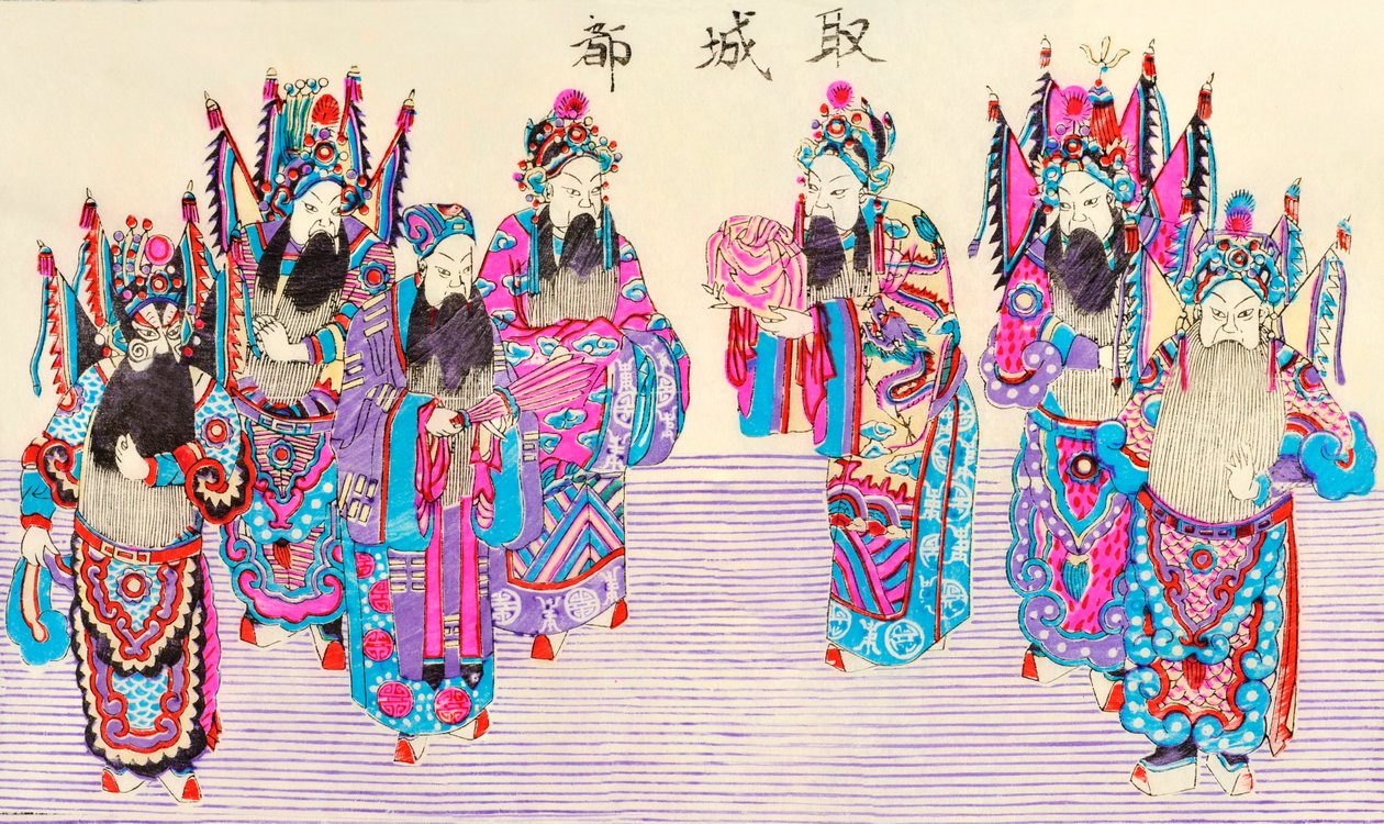 Bir Çin opera sahnesinin baskısı (kağıt üzerine renkli tahta blok) by Chinese School