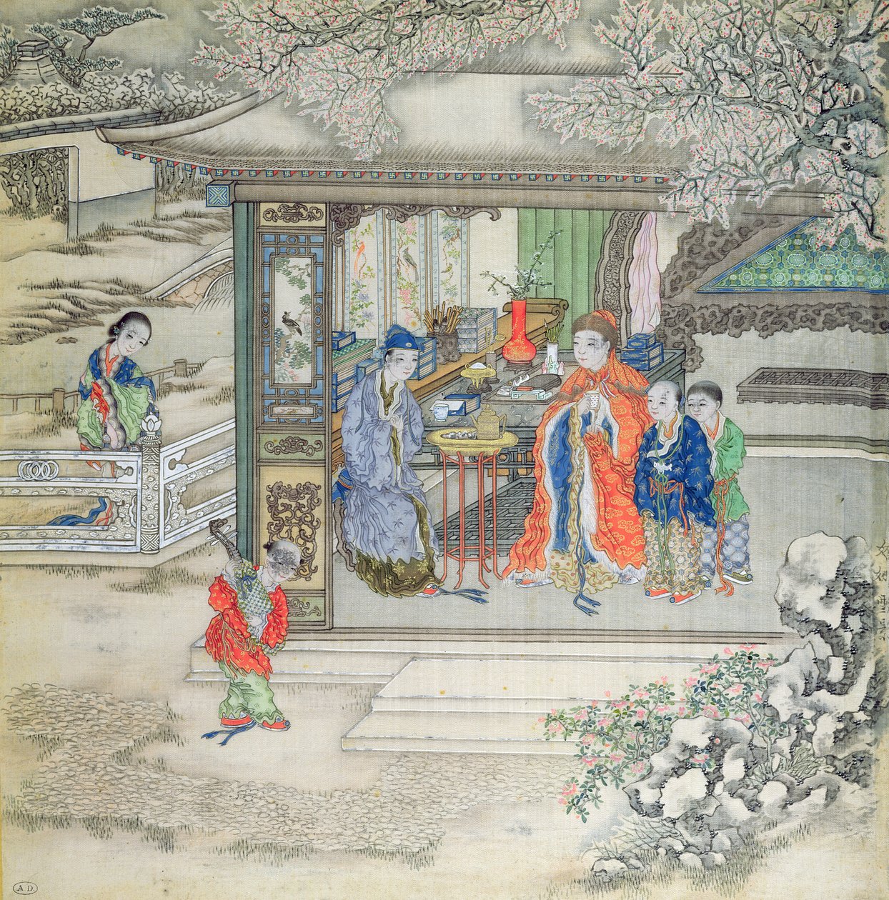 Bir ailenin ziyaretçi kabul ettiği bir bahçe sahnesi (ipek üzerine guaj boya) by Chinese School