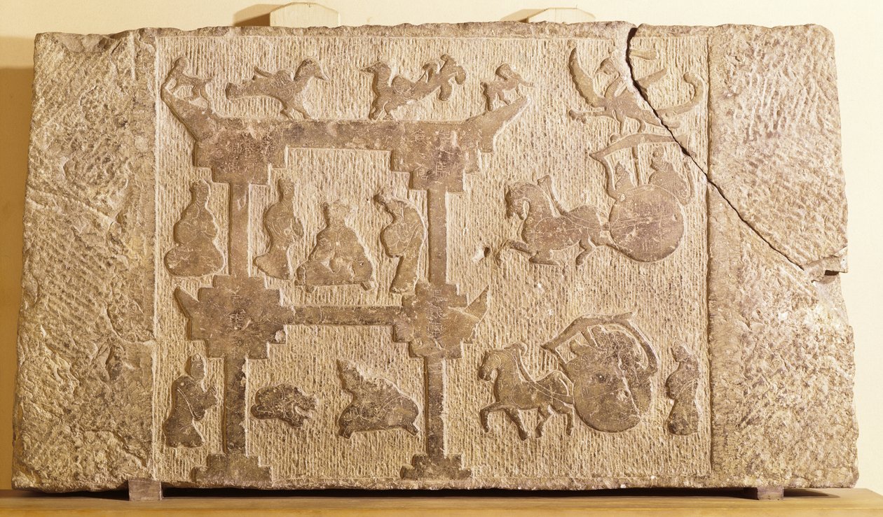Arabalar ve efsanevi kuşlarla süslenmiş levha, Han Hanedanlığı (206 BC-MS 220) (kumtaşı) by Chinese School
