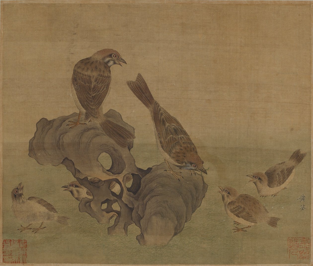 Yavrularını besleyen serçeler, Ming veya Qing Hanedanlığı by Chinese School