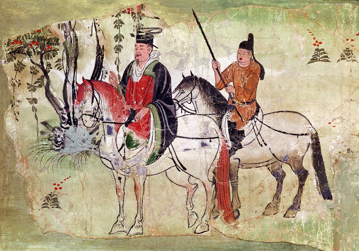 Bir Manzarada İki Atlı, Bodhisattva ve Equerry, Tang Dönemi (boyalı taş) by Chinese School