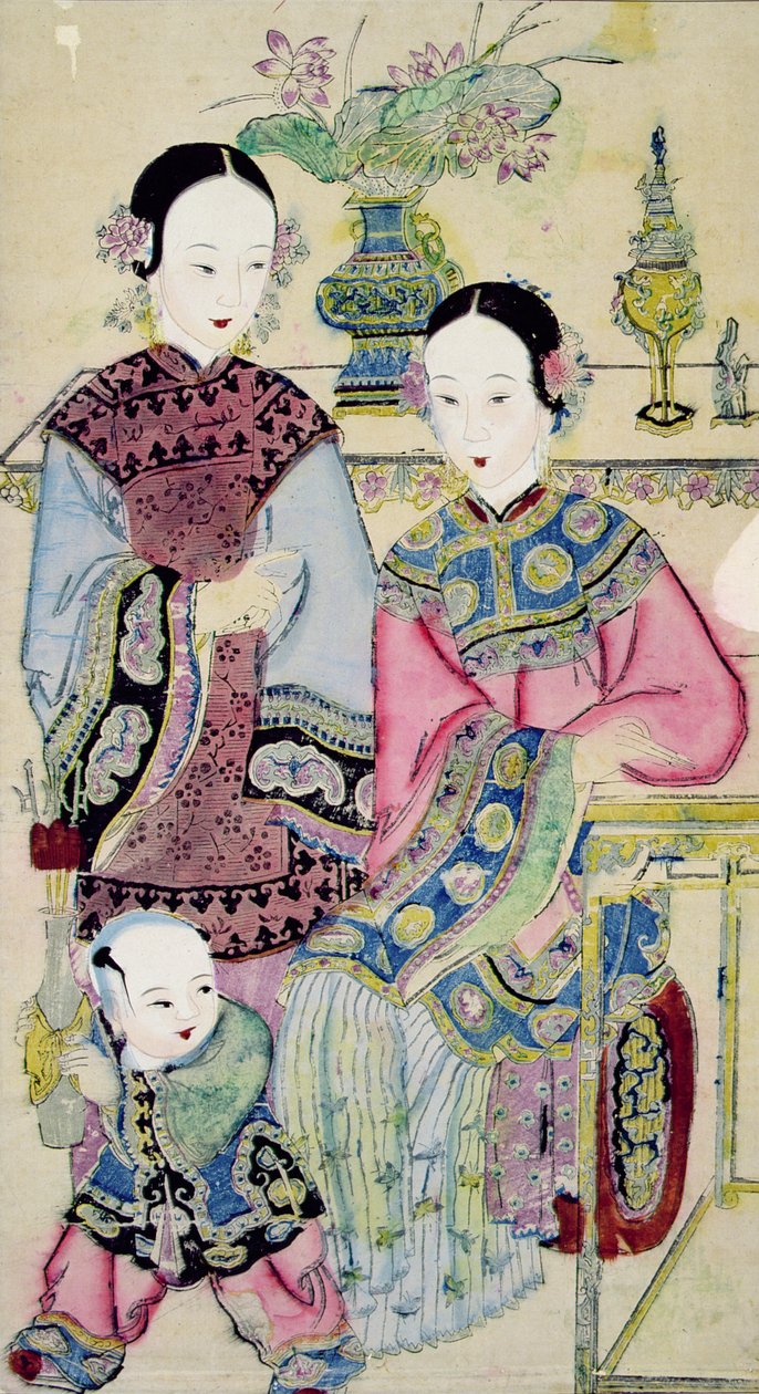 Bir çocuğu olan iki kadın, Yangliuqing (renkli tahta baskı) by Chinese School