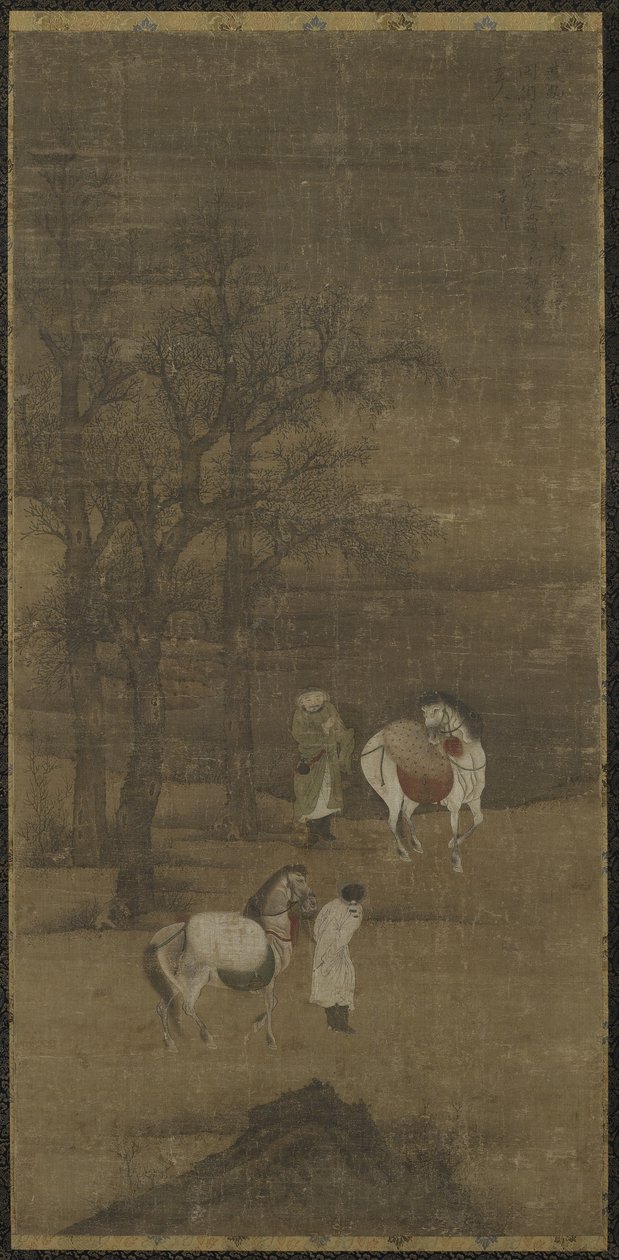 Atlar ve damatlar, Ming veya Qing hanedanı ile kış manzarası by Chinese School