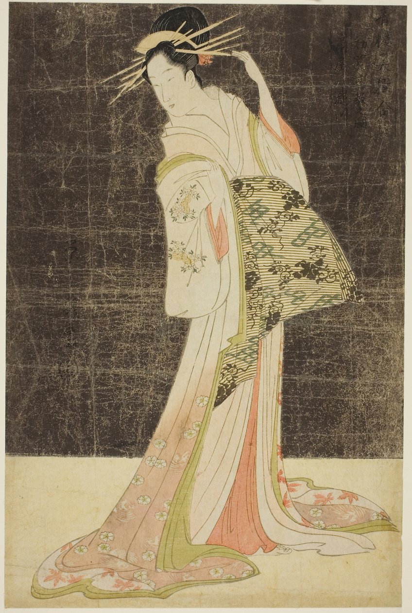 Zevk Mahallelerinden Bir Seçki Güzellik (Seiro bijin awase): Yeni Yıl Tatilleri için Kiralanan Fahişeler - Ogiya'dan Takigawa, c.1794 (renkli tahta baskı; oban) by Chobunsai Eishi