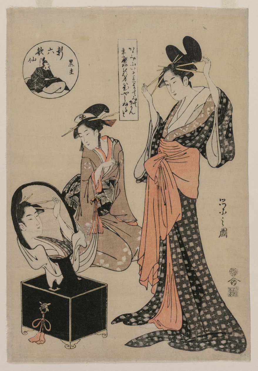 Bir Aynanın Önünde Nezaketçi A New Series of the Six serisinden saç tokalarını ayarlıyor..., orta 17 by Chobunsai Eishi