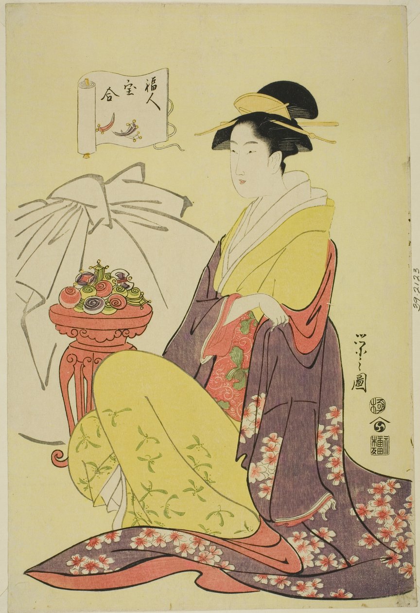 Hotei, "İyi Şans Tanrılarının Hazinelerinin Karşılaştırılması (Fukujin takara awase)" serisinden by Chobunsai Eishi