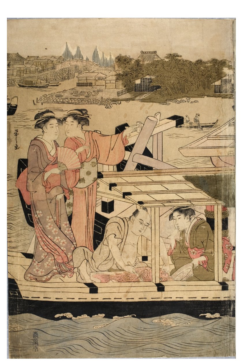 Sumida Nehri sahnesinin yatay bir beşli parçasının parçası by Chobunsai Eishi