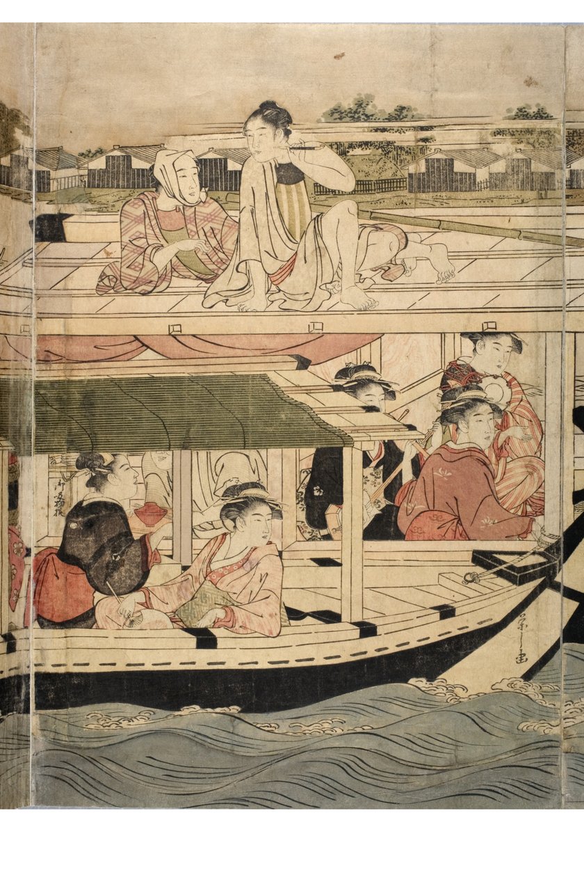 Sumida Nehri sahnesinin yatay bir beşli parçasının parçası by Chobunsai Eishi
