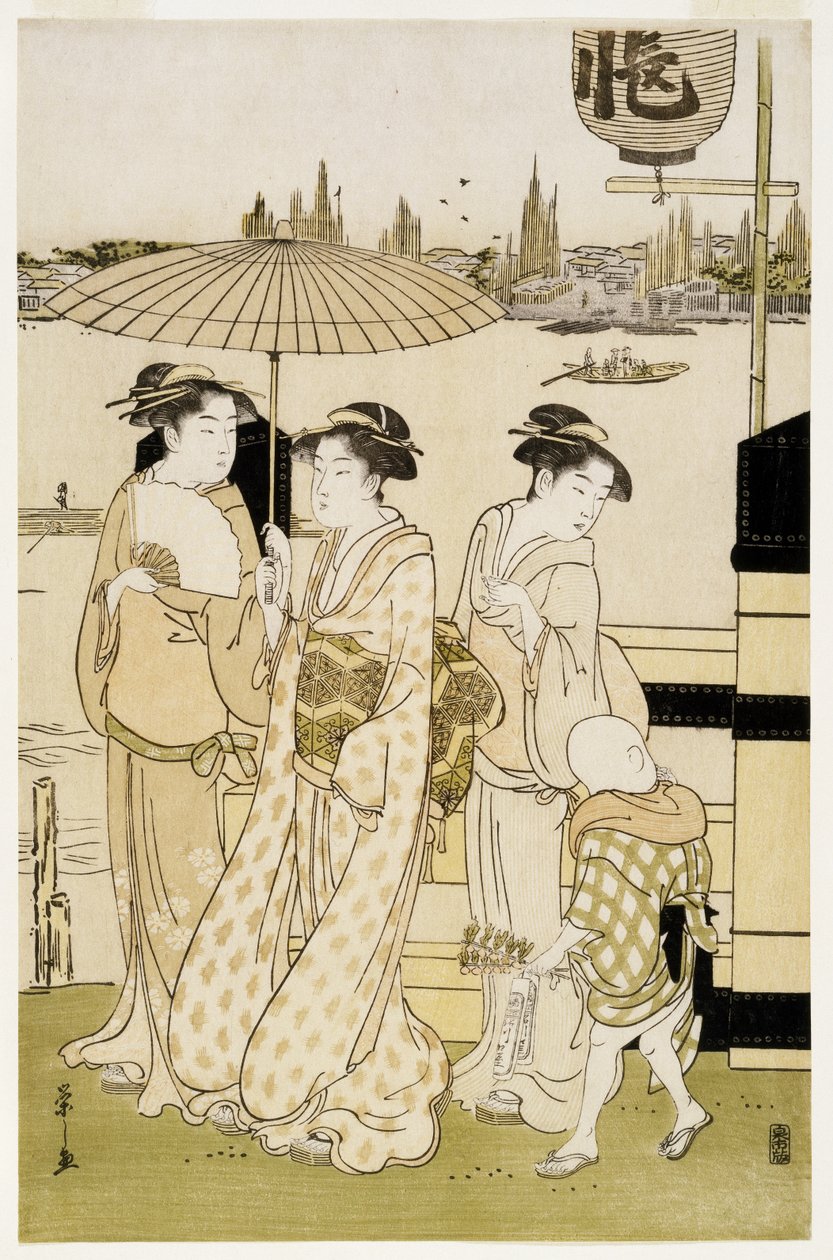 Sumida Nehri boyunca Üç Kadın ve Bir Erkek, 1788-89 (tahta baskı) by Chobunsai Eishi