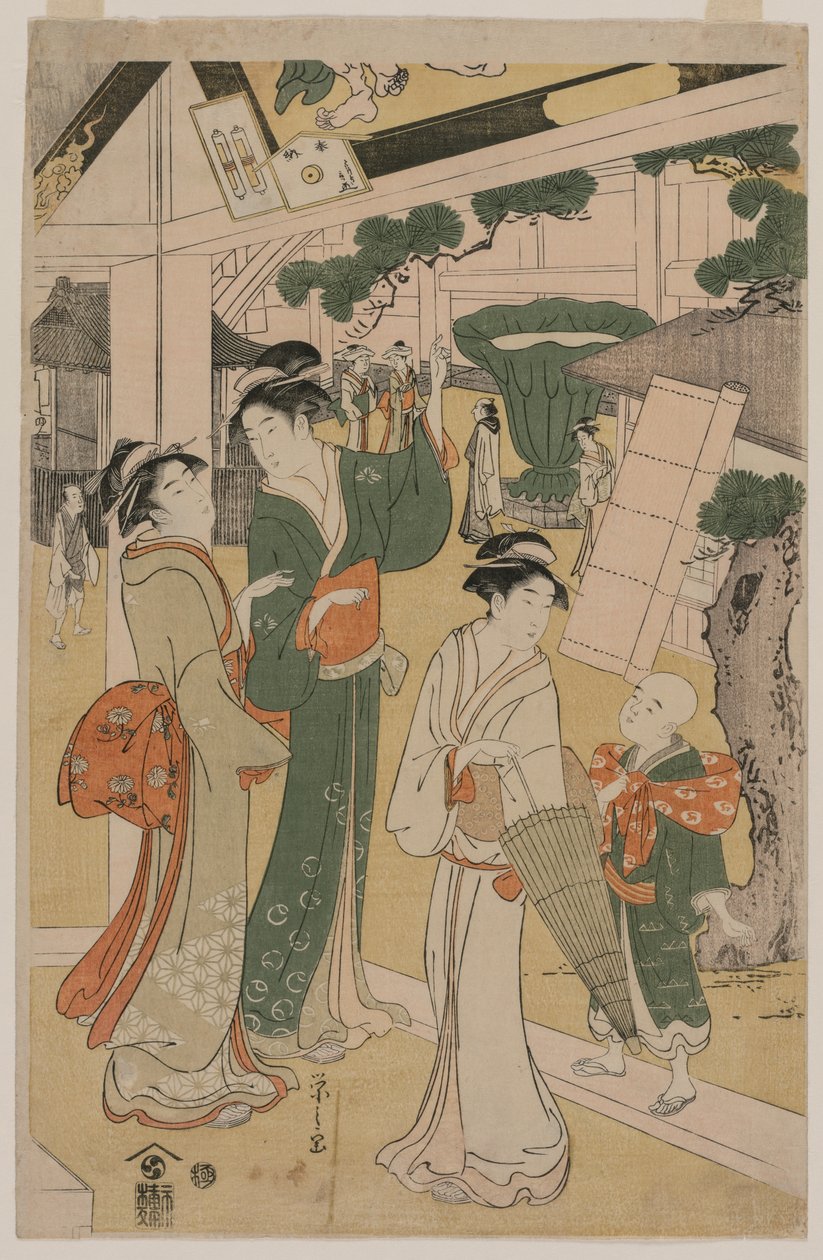 Bir Tapınağın Çevresindeki Çay Tezgahını Ziyaret Eden Kadınlar by Chobunsai Eishi
