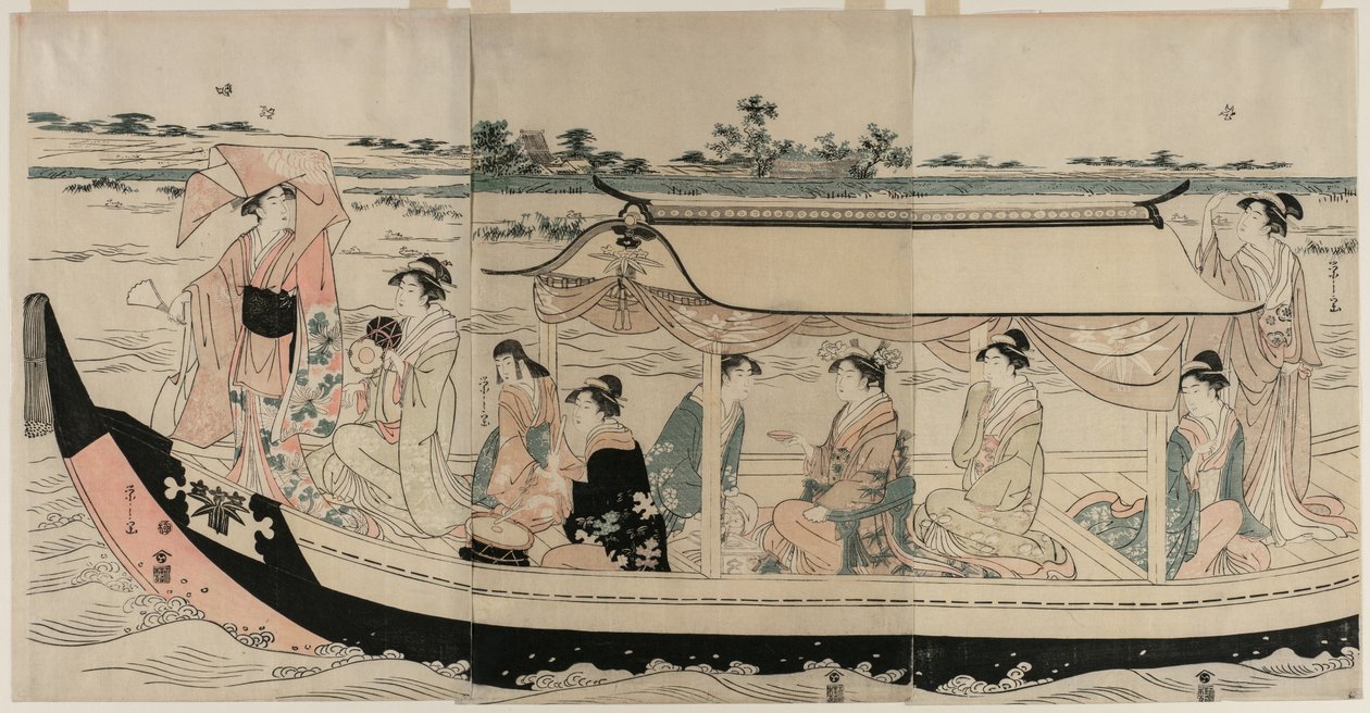 Sumida Nehri üzerinde bir zevk teknesinde kadınlar by Chobunsai Eishi