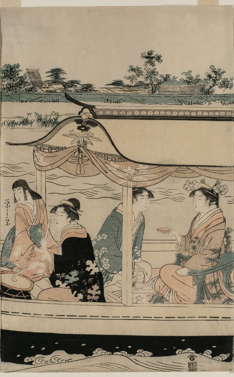 Sumida Nehri üzerinde bir zevk teknesinde kadınlar by Chobunsai Eishi