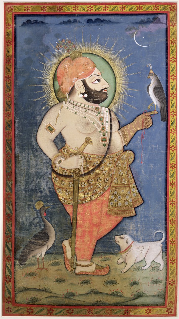 Hawk ile Mewar Maharana Bhim Singh, Udaipur (Mewar) Rajasthan, c.1805 (kumaş üzerine altın ile guaj) by Chokha