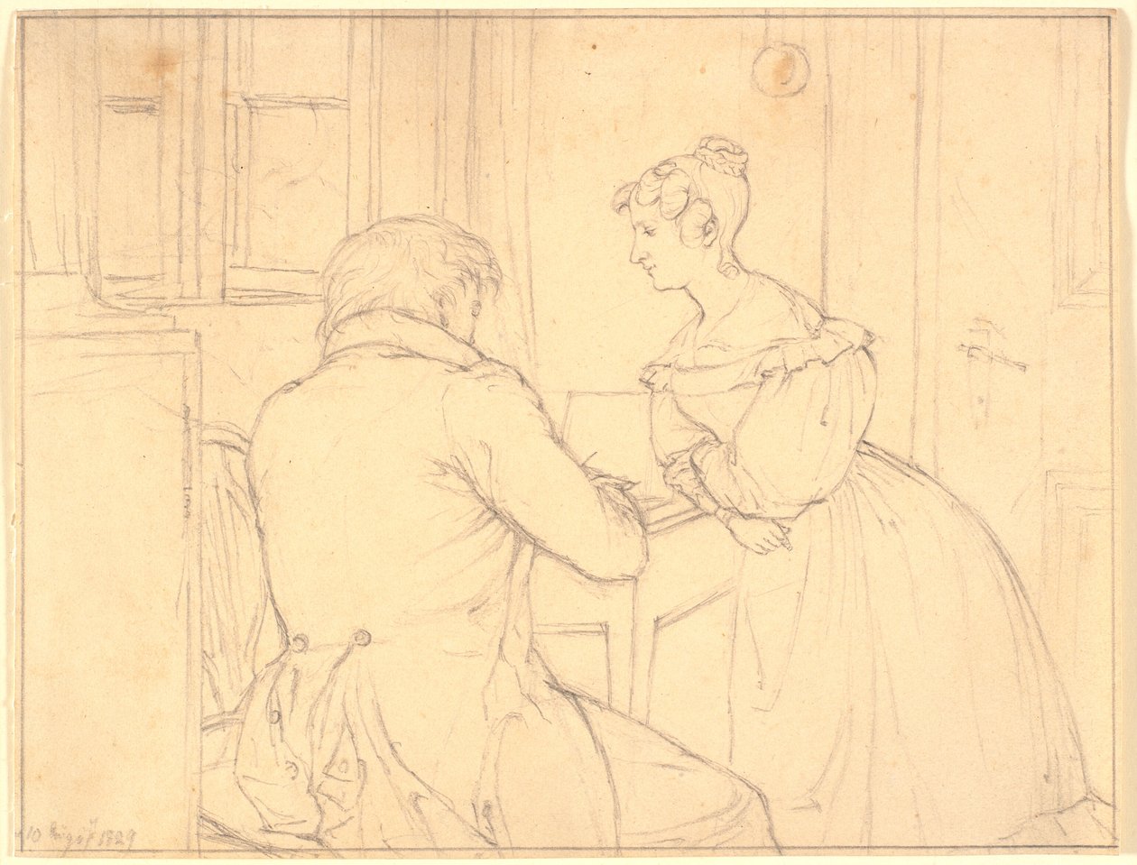 Ressam C.D.Gebauer, Jomfru Margrethe Hahn için çizim yapıyor by Christen Købke