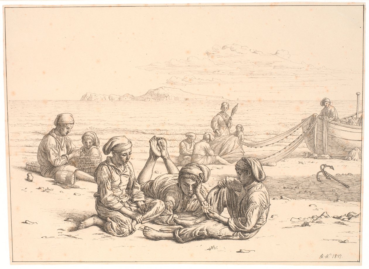 Napoliten balıkçı çocuklar kağıt oynuyor. Daha fazla balıkçı ağlarıyla meşgul. Arka planda Capri var by Christen Købke