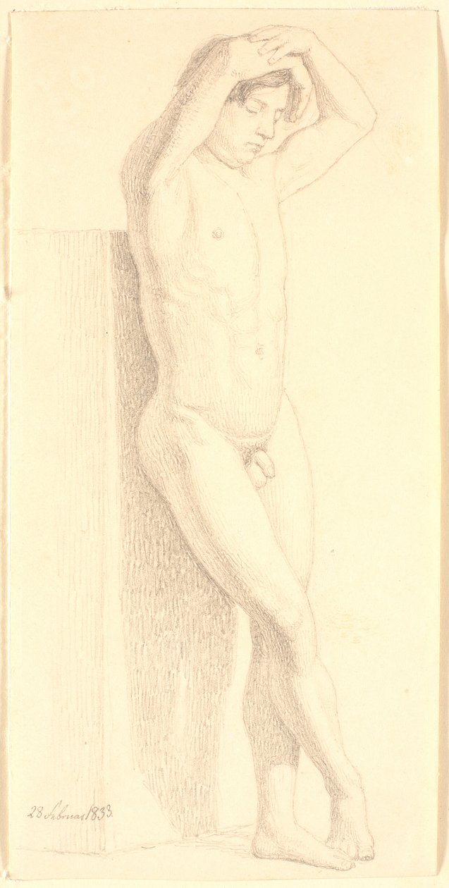 Kolları başının üzerinde toplanmış duran erkek model. Sağa bakan by Christen Købke