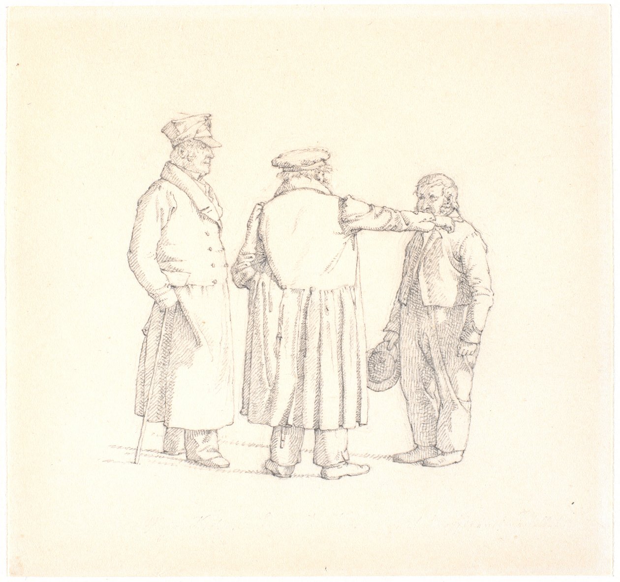 Konuşmada üç kişi; orta fırıncı Købke, t.v. büyük Krohn ve t.h. köle çavuş atasözleri by Christen Købke