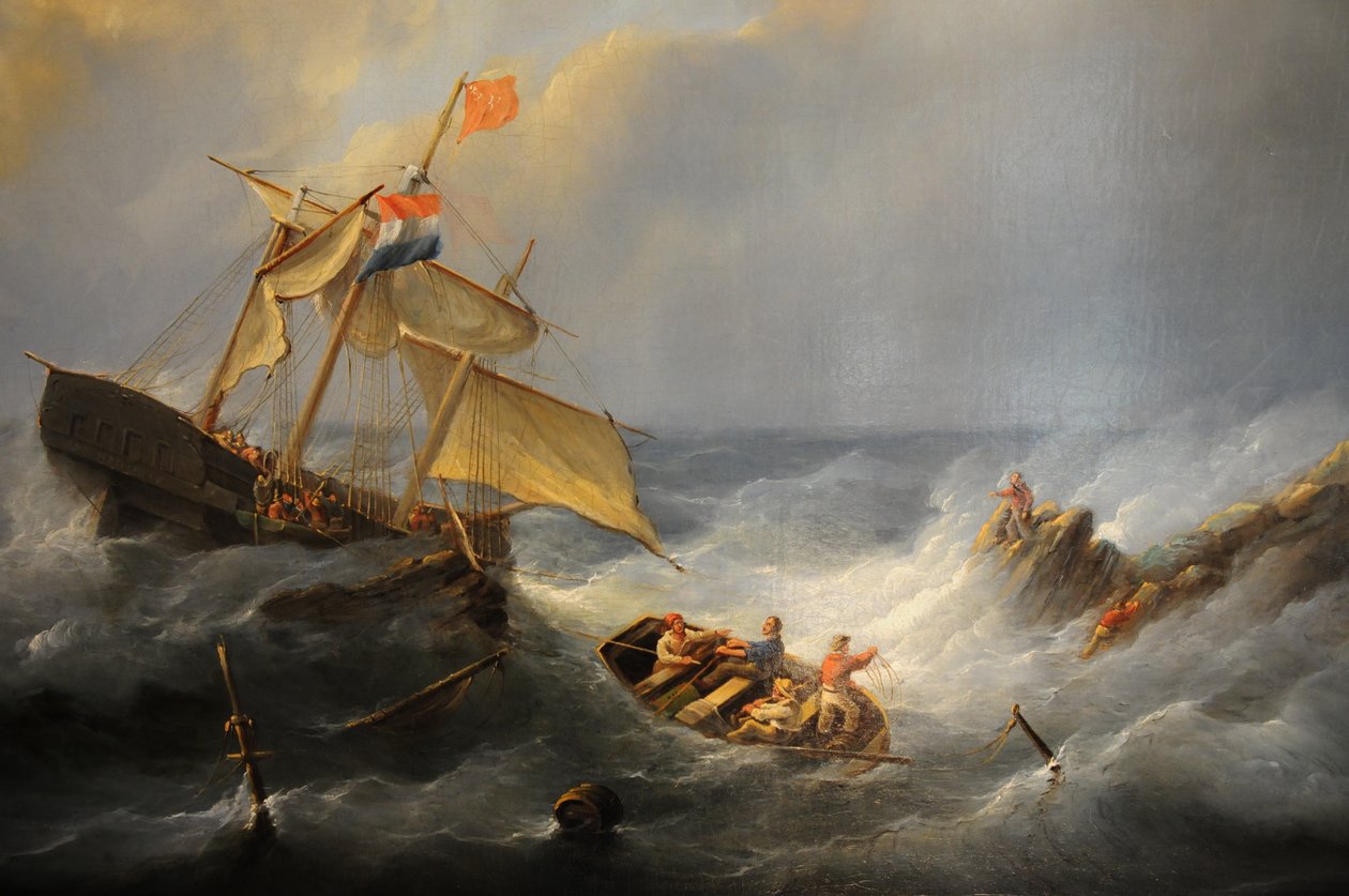 kayalık bir sahilde başı dertte olan bir gemi by Christiaan Cornelis Kannemans