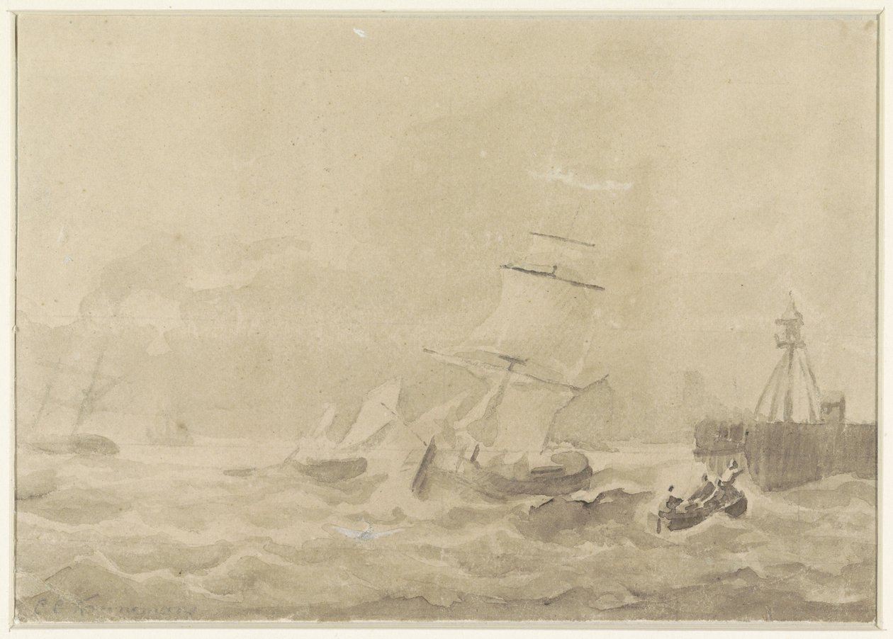 Yelkenli gemilerle çalkantılı deniz by Christiaan Cornelis Kannemans
