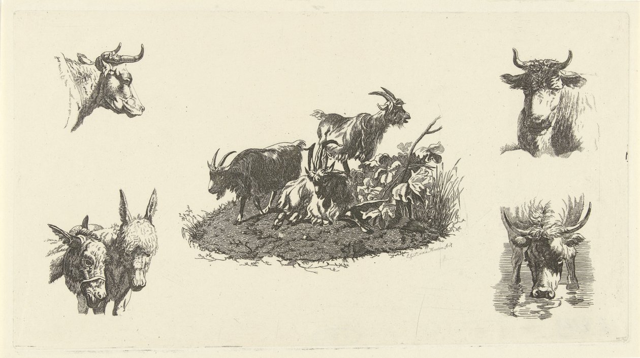 Her iki yanında inek başlı ve eşek başlı üç keçi by Christiaan Godfried Schutze van Houten