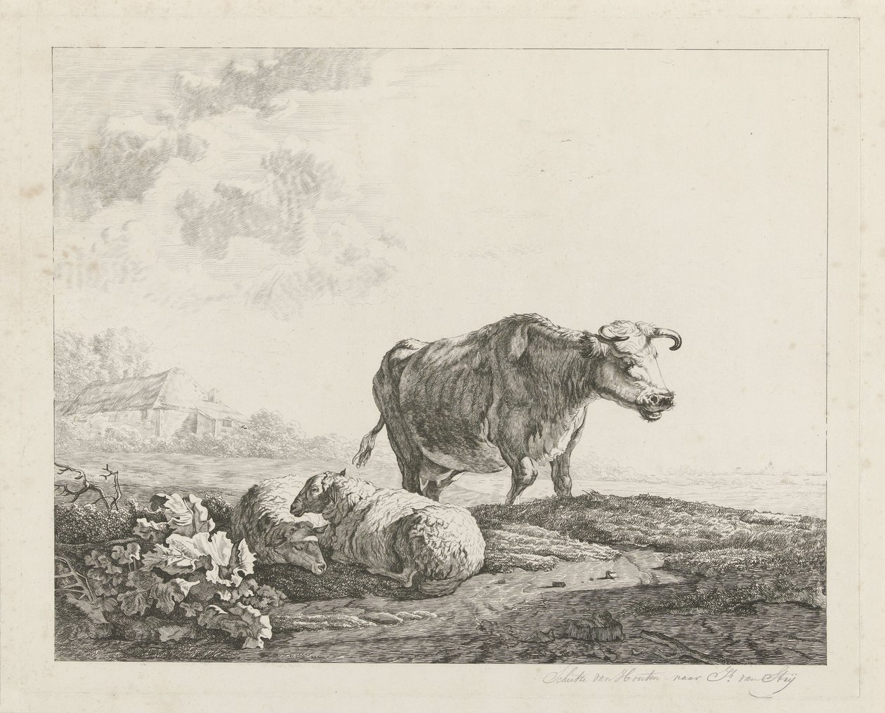 Bir inek ve iki koyun ile manzara by Christiaan Godfried Schutze van Houten