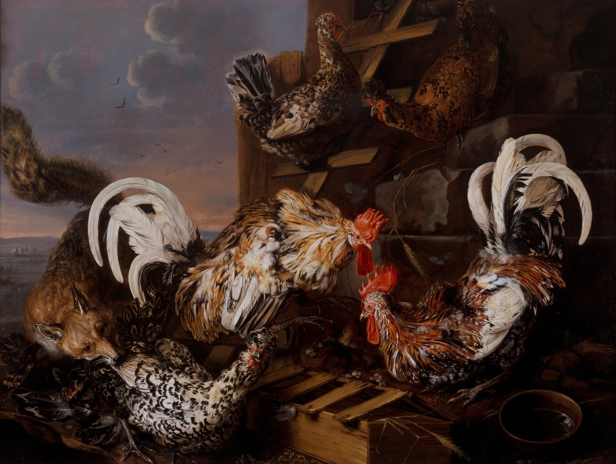 Ufak tefek hayvanlara saldıran bir tilkinin olduğu bir çiftlik avlusu sahnesi by Christiaan Luykx or Luycks