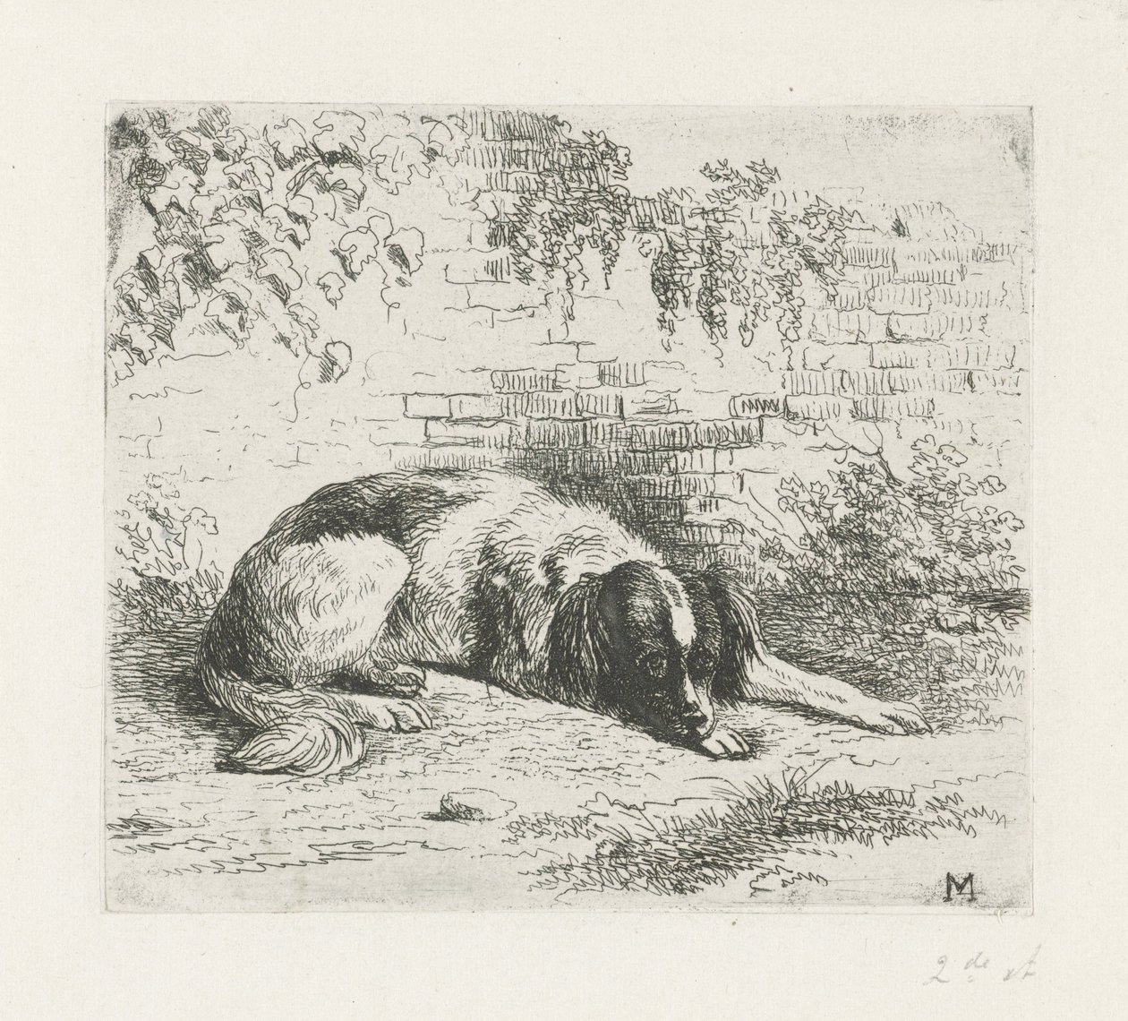 Bir duvarın önünde yatan köpek by Christiaan Wilhelmus Moorrees