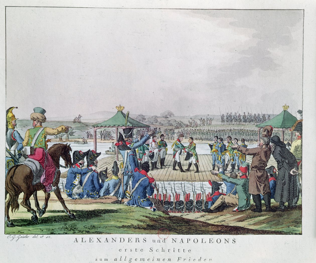 Alexander I (1777-1825) ve Napolyon (1769-1821) Genel Barış Haline Doğru İlk Adımları Atıyor, 26 Haziran 1807 (renkli gravür) by Christian Gottfried Geissler