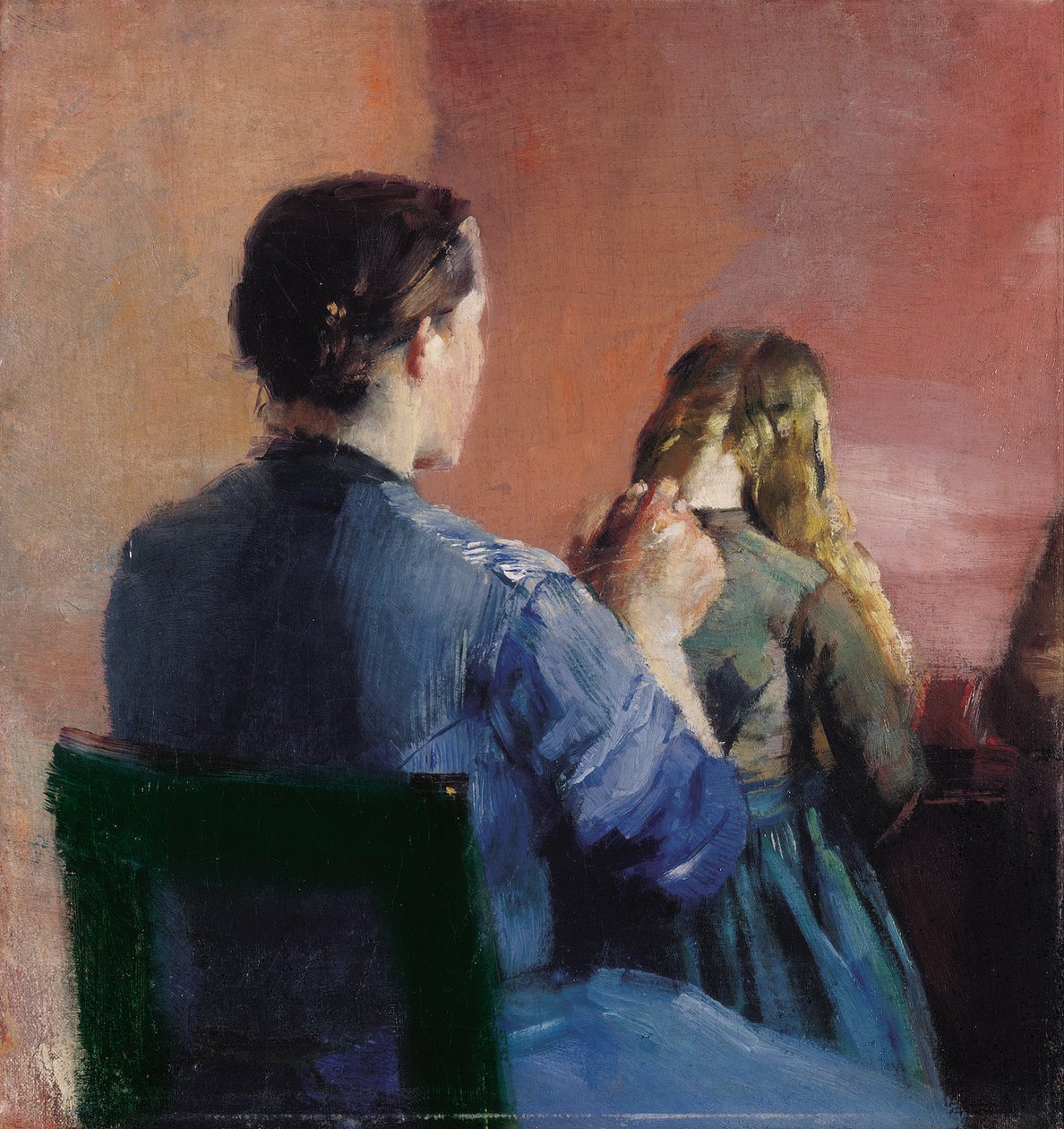 Küçük kızının saçlarını okşayan bir anne by Christian Krohg