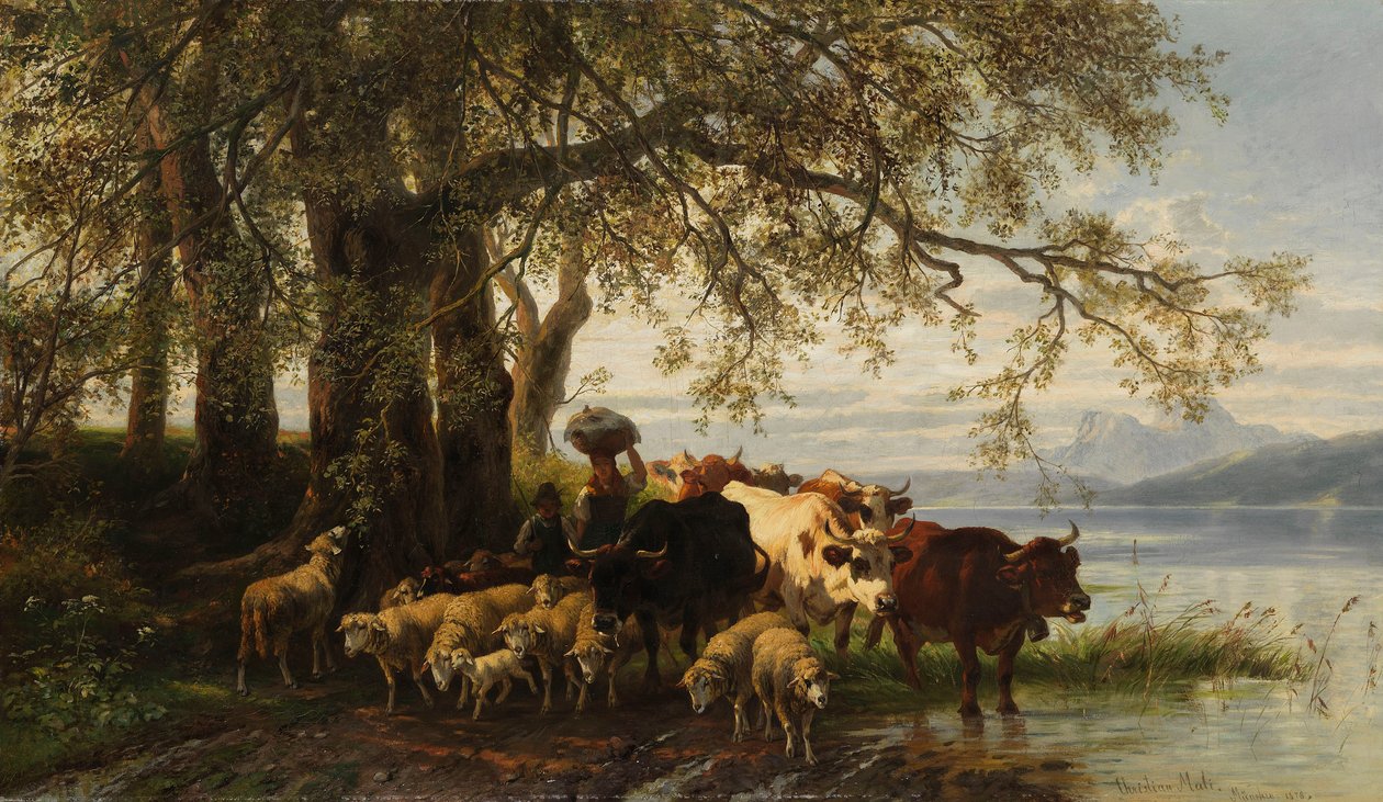 Bäuerin und Hirtenjunge mit Rinder- und Schafherde am Seeufer by Christian Mali