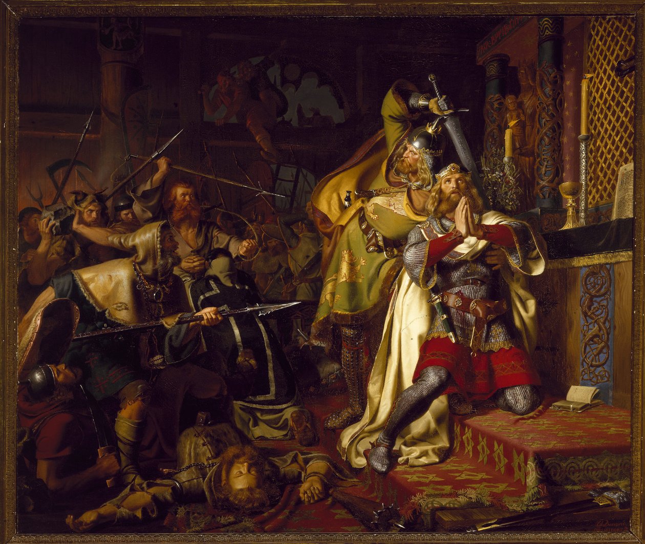 Mort de Knut (Canut, Knud) Danimarkalı IV Kutsal (1040-1086) - Christian Albrecht von Benzon (1816-1849) tarafından Aziz Albanus Kilisesi'nde Danimarka Kralı IV. Canute'nin Ölümü (Kutsal Canute Cinayeti) by Christian Albrecht von Benzon