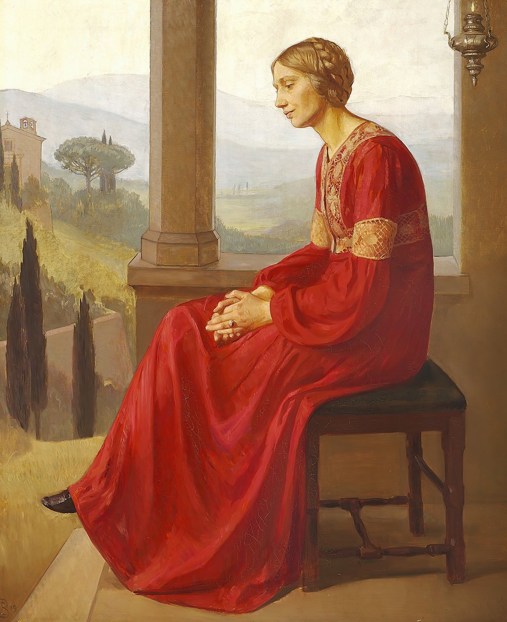 Bir İtalyan manzarasında bir terasta oturan kırmızı elbiseli bir kadın by Christian Bang