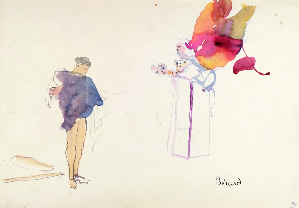 Comedie des Champs Elysees tiyatrosunda Louis Jouvet (1887-1951) tarafından üretilen Jean Cocteau'nun (1889-1963) 'La Machine Infernale' için kostüm tasarımları by Christian Bérard