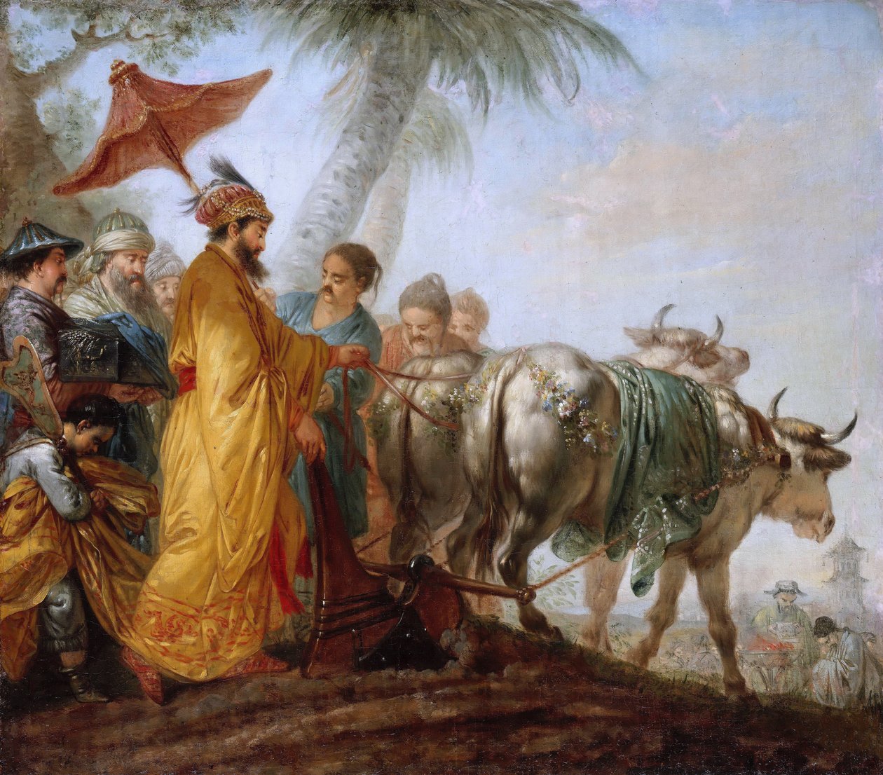 Bir pulluk ile Çin İmparatoru. Çin İmparatoru, tarımı onurlandırmak için ilk karık açıyor by Christian Bernhard Rode